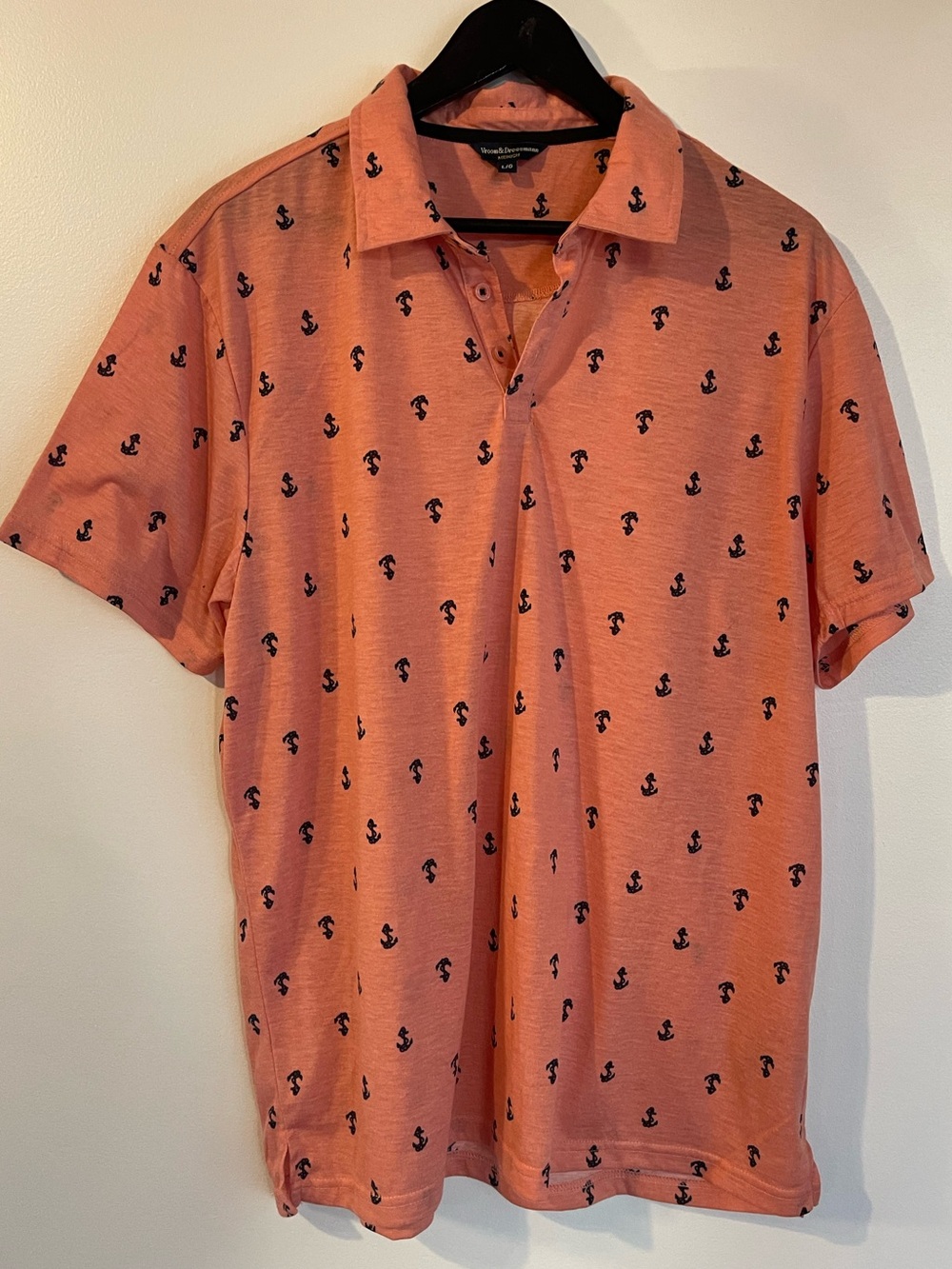 Denim & Flower Mens Pink Navy Anchor Print Short Sleeve Polo Shirt L
